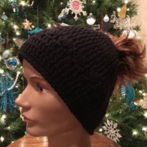 ponytail beanie hat black beanie New hand crochet by me